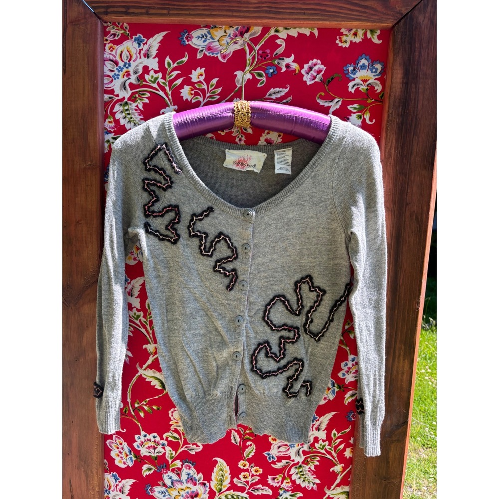 Gray Embroidered Shabby Chic Boho Dainty Wool Blend Cardigan Sweater Size‎ XS